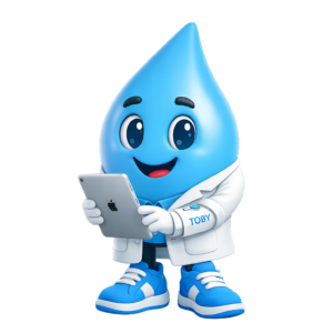 Brand Ambassador Water Drop Toby holding an iPad dressed in a lab coat